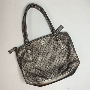 Coach Gunmetal Metallic Gray Woven Small Handbag